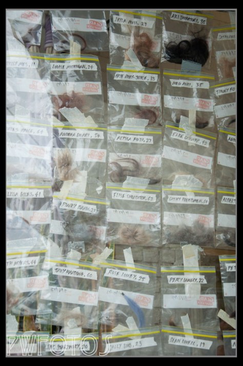 From the very strange section. Samples of hair in the window of a hair dressers complete with name and age of subject