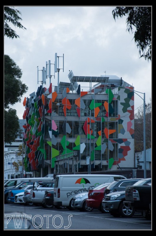 I believe that this is a carpark but the use of external panels turn it into an abstract art object.
