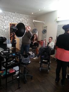 Setting up for the shot. In the end the beauty dish was not used.