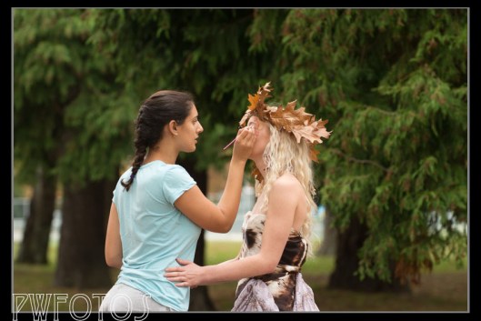 Grace applying a makeup fix to Kat in my Autumn Goddess shoot