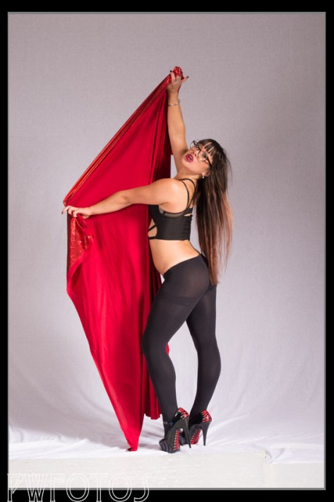 Stacey having fun with the red metallic fabric